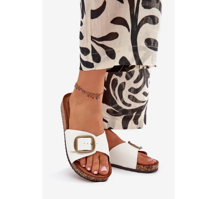 Klapki Damskie Na Korkowej Platformie Z Klamrą Białe Vianara Klapki Damskie Na Korkowej Platformie Z Klamrą Białe Vianara