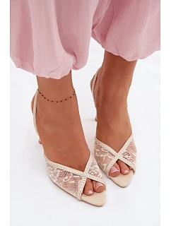 Dámské sandály na podpatku s krajkou a ozdobami Béžové model 22103152 - Boto