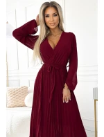 537-1 Plisované šifónové šaty s výstrihom, dlhými rukávmi a viazaným opaskom - Bordeaux 537-1 Plisované šifónové šaty s výstrihom, dlhými rukávmi a viazaným opaskom - Bordeaux