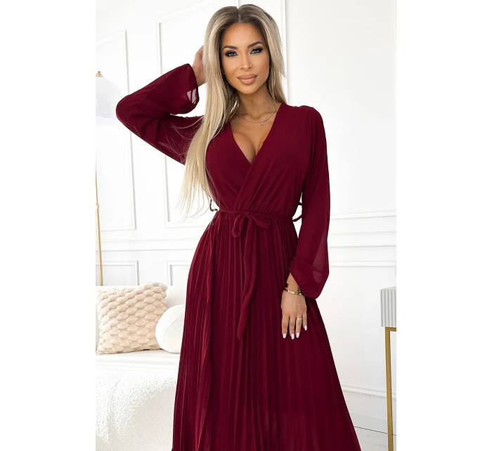 537-1 Plisované šifónové šaty s výstrihom, dlhými rukávmi a viazaným opaskom - Bordeaux 537-1 Plisované šifónové šaty s výstrihom, dlhými rukávmi a viazaným opaskom - Bordeaux