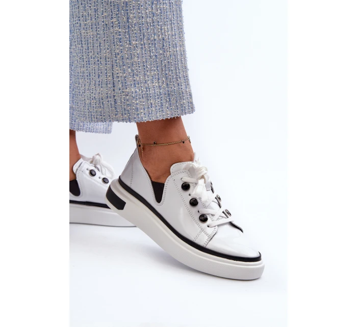 Lakierowane Sneakersy Damskie Skórzane D&A LR535 Białe