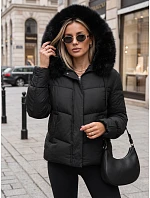 Pikowana kurtka damska z futrzanym kapturem czarna FashionStreet TY5892 Pikowana kurtka damska z futrzanym kapturem czarna FashionStreet TY5892