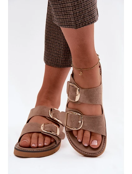 Dámské nazouváky z imitace semiše se zlatými přezkami Khaki model 22122701 - Boto