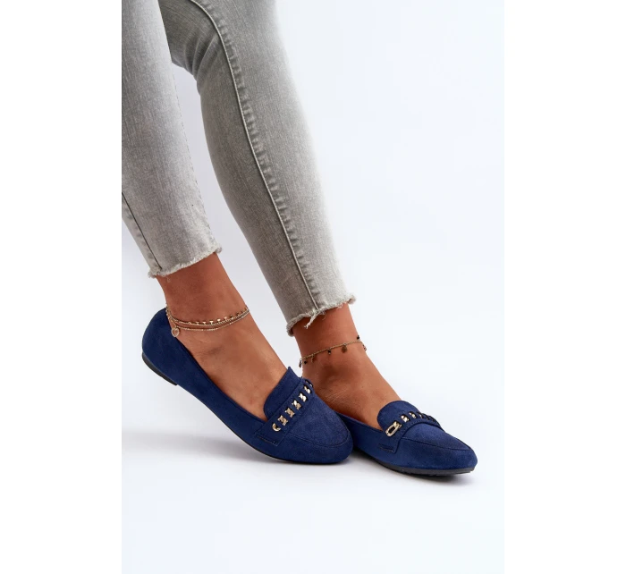 Błyszczące Mokasyny Damskie Z Łańcuchem Granatowe Aredilla