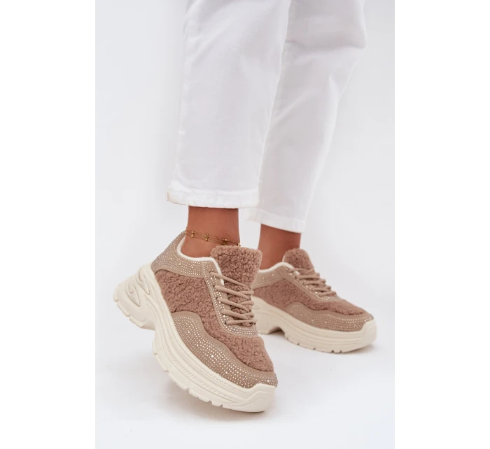 Sneakersy Damskie Z Cyrkoniami I Futerkiem Typu Baranek Beżowe Zarika Sneakersy Damskie Z Cyrkoniami I Futerkiem Typu Baranek Beżowe Zarika