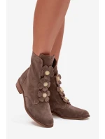 Zamszowe Botki Damskie Z Ozdobnymi Kwiatkami Zazoo 3085 Ciemnobeżowe