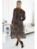 Dlhé šifónové šaty s výstrihom, volánom a opaskom Numoco WILD - leopardia potlač