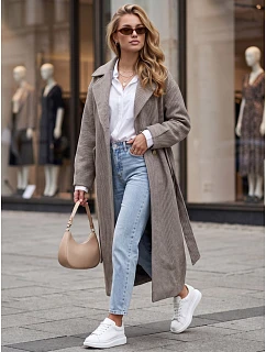 Dlhý dámsky kabát s opaskom na prechodné obdobie, kávová farba, FashionStreet NY0774