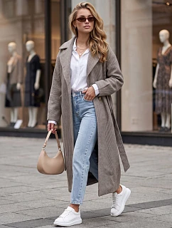 Dlhý dámsky kabát s opaskom na prechodné obdobie, kávová farba, FashionStreet NY0774