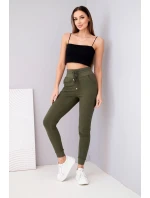 Dámske tepláky s vysokým pásom a šnúrkou na stiahnutie v khaki farbe