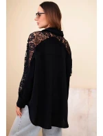 Dámská viskózová košile s krajkovými rukávy a límečkem černá