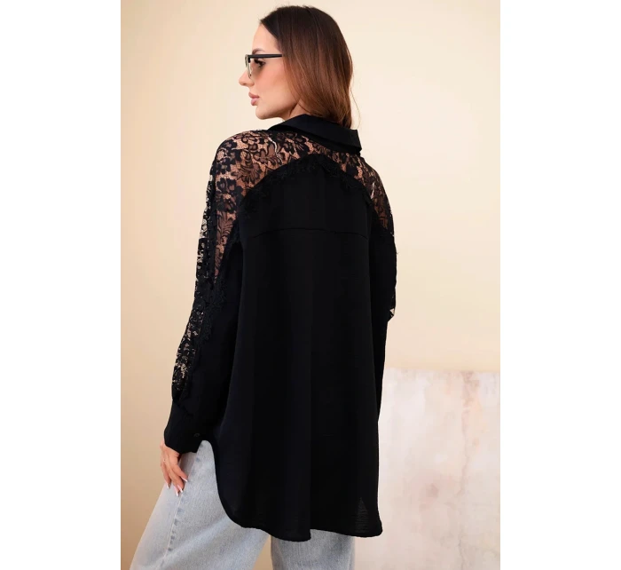 Dámská viskózová košile s krajkovými rukávy a límečkem černá