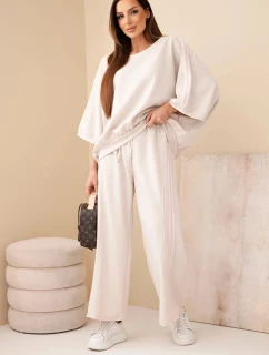 Dámsky maslový viskózový komplet so širokými nohavicami a voľnou blúzkou béžovej farby