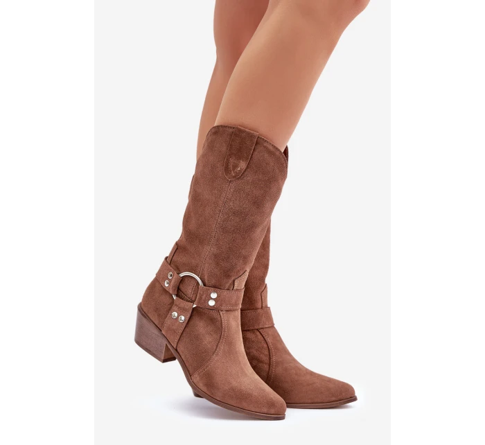 Zazoo 3669 Zamszowe Kozaki Kowbojki Damskie Do Połowy Łydki Brązowe