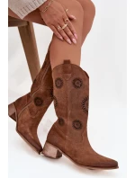 Ażurowe Kozaki Damskie Z Naturalnego Zamszu Na Klocku Zazoo 3793 Brązowe