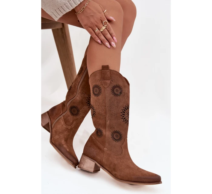 Ażurowe Kozaki Damskie Z Naturalnego Zamszu Na Klocku Zazoo 3793 Brązowe