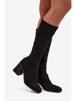 Kozaki Damskie Na Masywnym Słupku Eko Zamszowe Czarne Traven