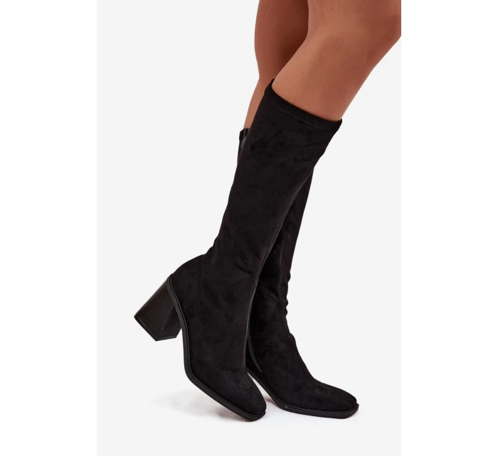 Kozaki Damskie Na Masywnym Słupku Eko Zamszowe Czarne Traven