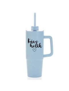 KÁVOHOLIK - světle modrý cestovní termohrnek s průhledným víčkem 900 ml