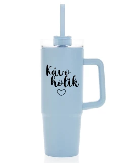 KÁVOHOLIK - světle modrý cestovní termohrnek s průhledným víčkem 900 ml