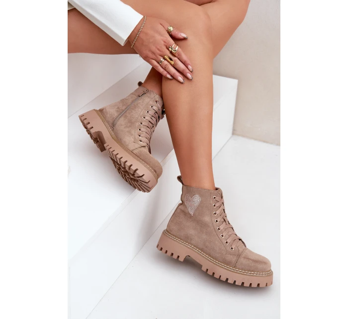 Botki Damskie Z Brokatowym Sercem Ciemnobeżowe Nariri