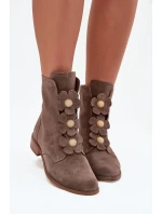 Zamszowe Botki Damskie Z Ozdobnymi Kwiatkami Zazoo 3085 Ciemnobeżowe