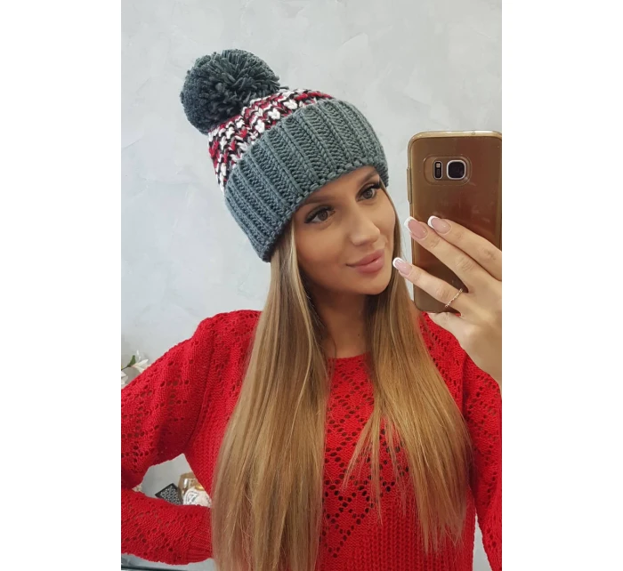 Dámska čiapka Ellen s brmbolcom K325 tmavo šedá + červená Dámska čiapka Ellen s brmbolcom K325 tmavo šedá + červená