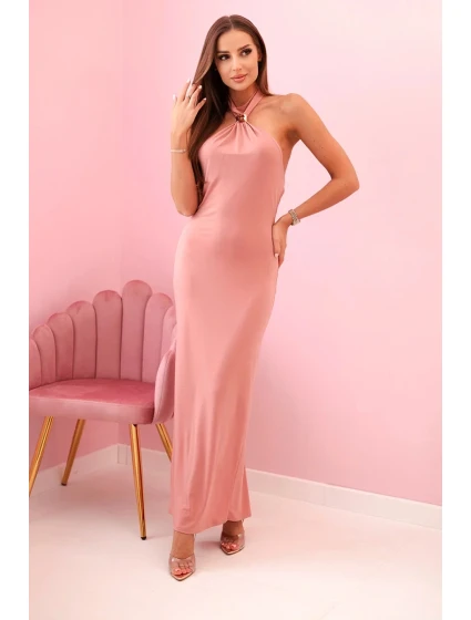Dámská maxi šaty s odhalenými zády a řasením - tmavě růžová