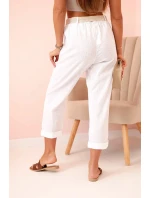Dámske ľanové nohavice s bavlnou a opaskom biele