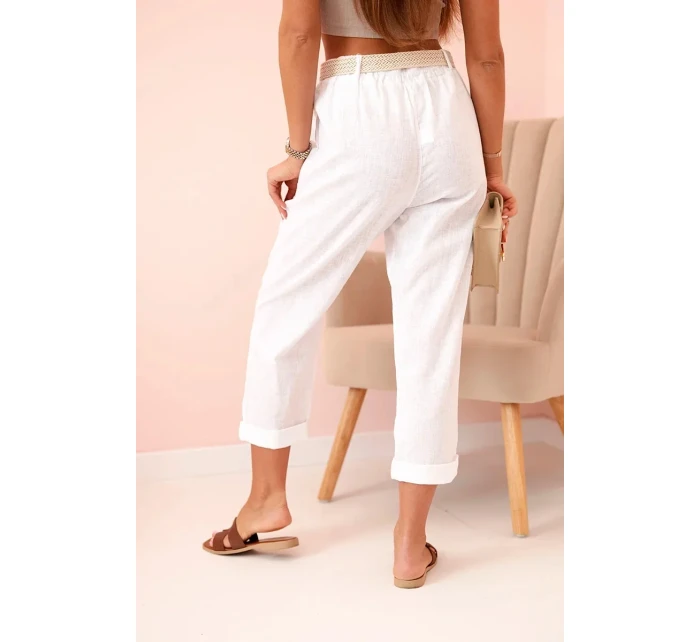 Dámske ľanové nohavice s bavlnou a opaskom biele