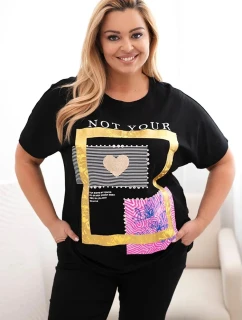 Dámská bavlněná halenka Plus Size se zlatým nápisem černá + žlutá