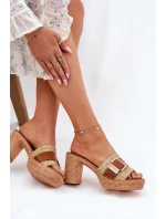 Skórzane Klapki Damskie Na Słupku Z Klamrą I Plecionką Zazoo 40459 Brązowe