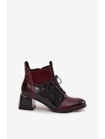 Zazoo 60503 Skórzane Botki Na Obcasie Ocieplane Bordowe
