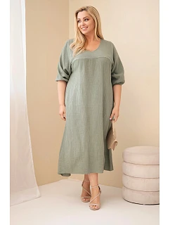 Dámské šaty plus size z bavlněného mušelínu s výstřihem do V khaki
