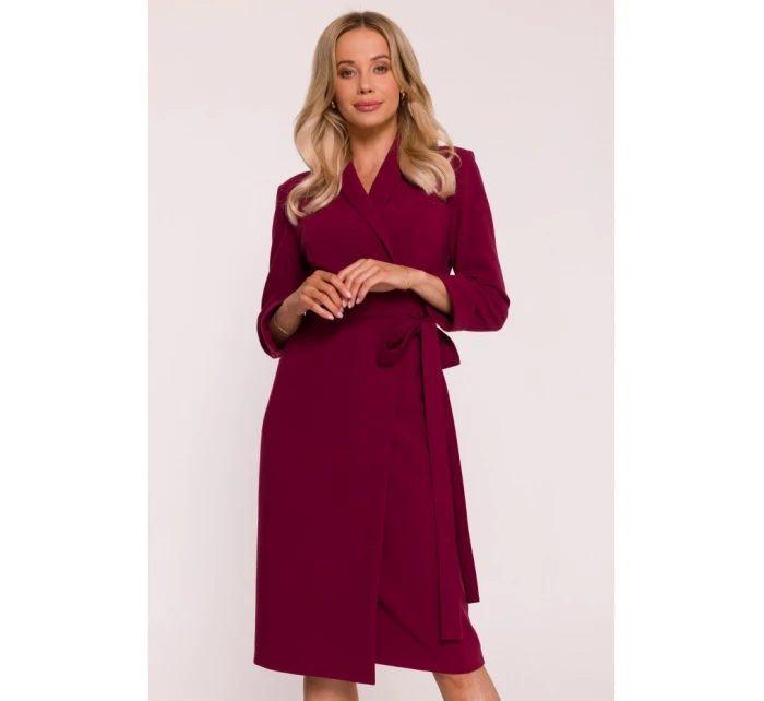S415 Košeľové šaty viazané v páse - bordové