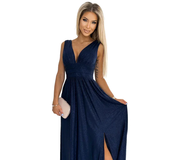 Tmavě modré dlouhé dámské šaty s výstřihem a v pase model 18790298 - numoco