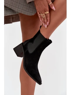 Skórzane Zamszowe Botki Damskie Na Słupku Ocieplane Artiker 57C0049 Czarne