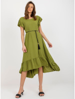 Olivové šaty s volánom a pleteným opaskom