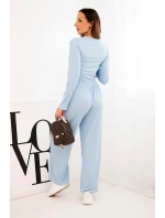 Dámska súprava z viskózy s blúzkou a širokými nohavicami modrá