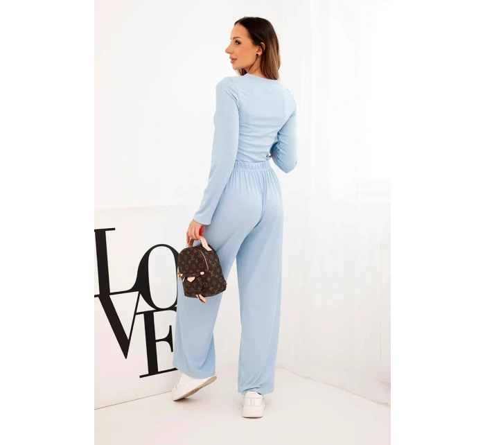 Dámska súprava z viskózy s blúzkou a širokými nohavicami modrá