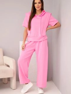 Dámsky maslový set mikina s kapucňou a voľné nohavice so šnúrkou na stiahnutie svetlo ružová