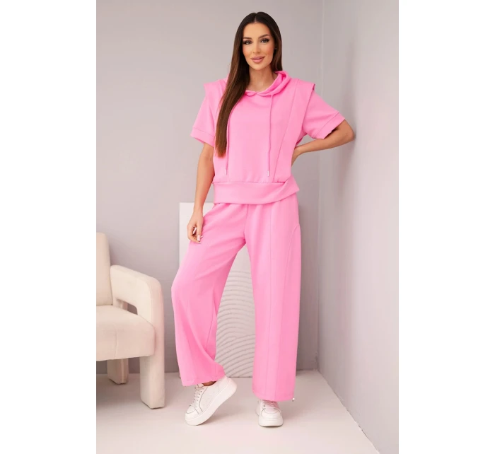Dámský máslový komplet mikina s kapucí a volné kalhoty se šňůrkou světle růžová