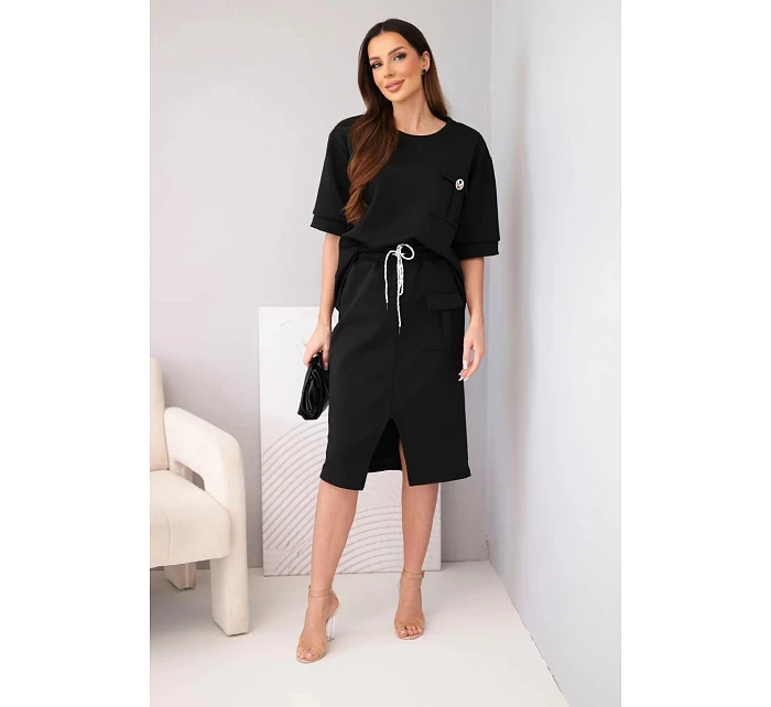 Dámsky maslový set s blúzkou a midi sukňou čierny