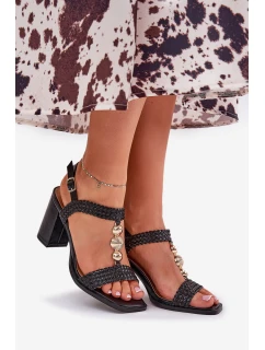 Sandały Damskie Na Słupku Z Ozdobą I Plecionką Czarne Annaviel