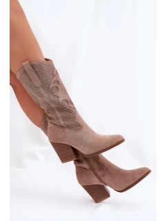 Dámske perforované čižmy v kovbojskom štýle so stĺpcovým podpätkom S.Barski - béžové, ekokoža