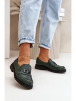 Zazoo 20174 Skórzane Eleganckie Półbuty Damskie Na Płaskim Obcasie Ciemnozielone