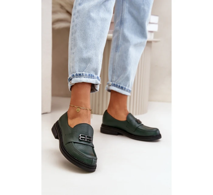 Zazoo 20174 Skórzane Eleganckie Półbuty Damskie Na Płaskim Obcasie Ciemnozielone