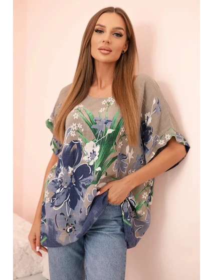 Dámská bavlněná blůza s květinovým potiskem a krátkým rukávem fango
