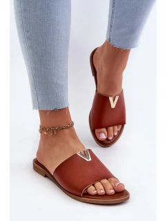 Klapki Damskie Eko Skórzane Na Płaskim Obcasie Brązowe Maliha