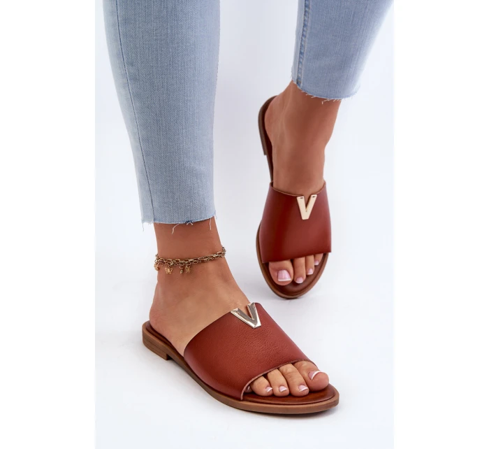 Klapki Damskie Eko Skórzane Na Płaskim Obcasie Brązowe Maliha